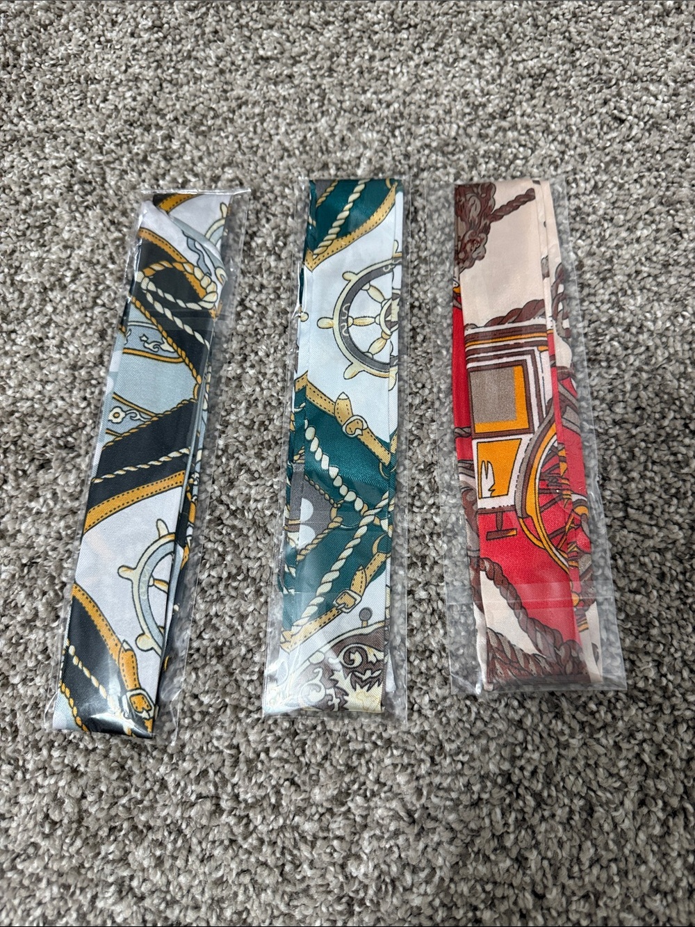 Set of 3 Nautical Print Silk Skinny Scarves - Black, Teal, Red